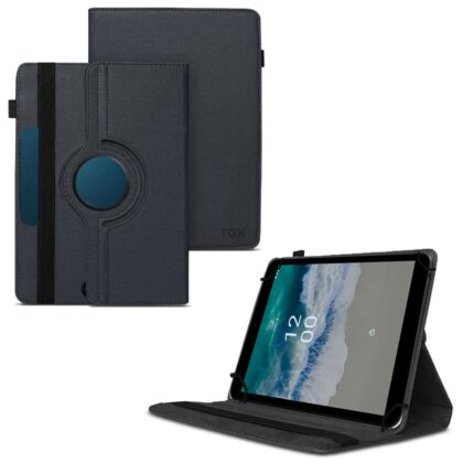 TGK 360 Degree Rotating Universal 3 Camera Hole Leather Stand Case Cover for Nokia T10 8 inch Tablet (Black)