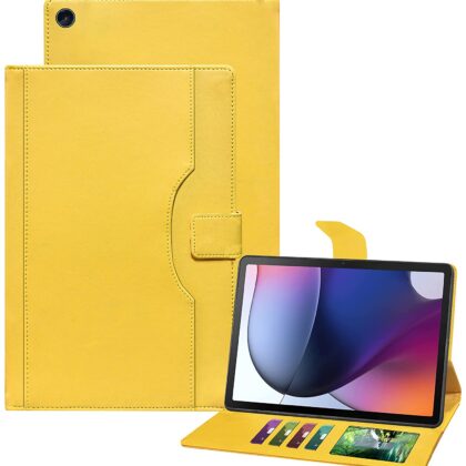 TGK Multi-Angle Viewing Smart Stand with Document Card Pocket Wallet Leather Flip Case Cover for Motorola Moto Tab G62 10.6 inch Tablet (Yellow)