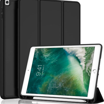 TGK Smart Flexible with Pencil Holder Trifold Back Flip Stand Case Cover for New iPad 9.7 inch 2018/2017 5th 6th Generation Model A1822 A1823 A1893 A1954 (Black)
