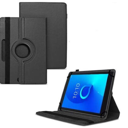 TGK 360 Degree Rotating Universal 3 Camera Hole Leather Stand Case Cover for Alcatel 1T 10 inch Tablet – Black
