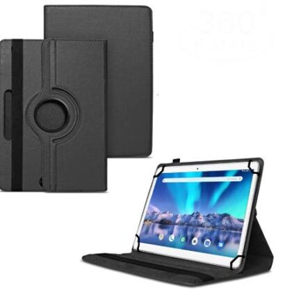 TGK 360 Degree Rotating Universal 3 Camera Hole Leather Stand Case Cover for Lava Magnum-XL 10.1 inch Tablet-Black