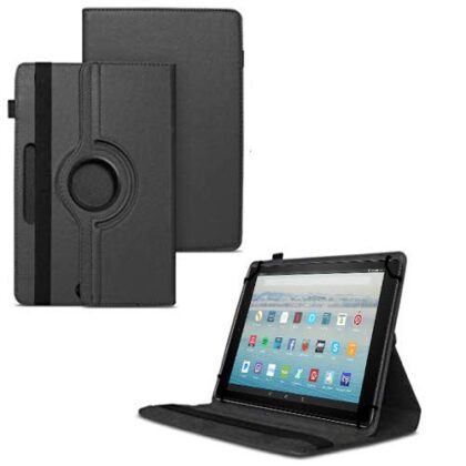 TGK 360 Degree Rotating Universal 3 Camera Hole Leather Stand Case Cover for Fire HD 10 Tablet – Black