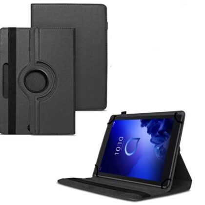 TGK 360 Degree Rotating Universal 3 Camera Hole Leather Stand Case Cover for Alcatel 3T 10 Tablet 10 inch – Black