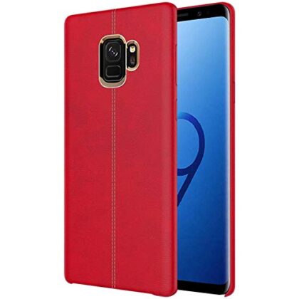 TGK Premium Luxury Leather Lexza Series Double Stitch Shell with Metallic Logo Display Vorson Back Cover Case for Samsung Galaxy (S9, Red)