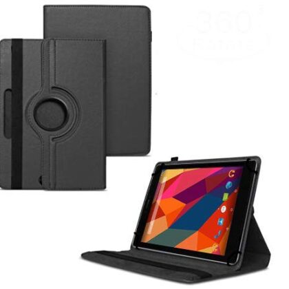 TGK 360 Degree Rotating Universal 3 Camera Hole Leather Stand Case Cover for Micromax Canvas P680 Tablet 8 inch -Black