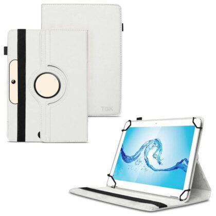 TGK 360 Degree Rotating Universal 3 Camera Hole Leather Stand Case Cover for Acer One 10 T8-129L Tablet 10.1 Inch (White)