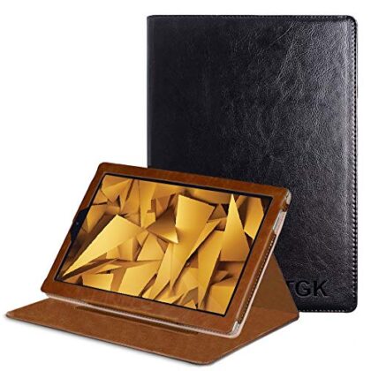 TGK Genuine Leather Ultra Compact Slim Folding Folio Cover Case for iBall Slide Elan 4G2 Tablet (10.1 inch) (Plain Black)