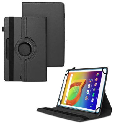 TGK 360 Degree Rotating Universal 3 Camera Hole Leather Stand Case Cover for Alcatel A3 10 (VOLTE) 10.1 inch Tablet – Black