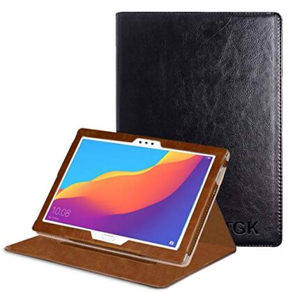 TGK Genuine Leather Ultra Compact Slim Folding Folio Cover Case for Honor Pad 5 10.1 inch Tablet – (Plain Black)