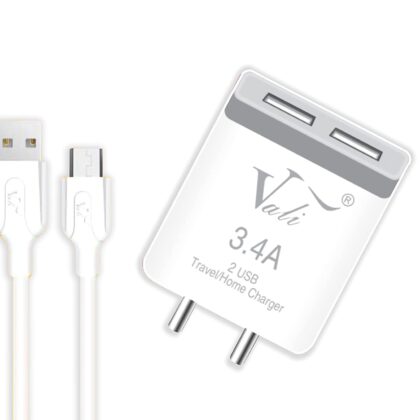 Vali V-2116 3.4A Dual USB Charger, Fast Charging Power Adaptor with Micro USB Cable for All iOS & Android Devices – (White)