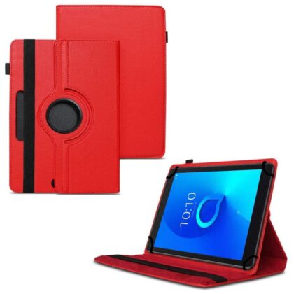 TGK 360 Degree Rotating Universal 3 Camera Hole Leather Stand Case Cover for Alcatel 1T 10 inch Tablet – Red