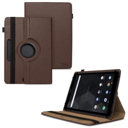 TGK 360 Degree Rotating Universal 3 Camera Hole Leather Stand Case Cover for iBall iTAB BizniZ 10.1 Inch Tablet – Brown