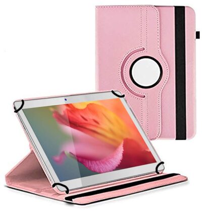TGK 360 Degree Rotating Universal 3 Camera Hole Leather Stand Case Cover for Swipe Slate Plus 32 GB 10.1 inch Tablet – Light Pink