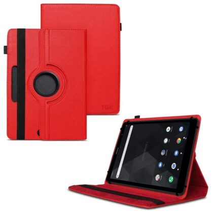 TGK 360 Degree Rotating Universal 3 Camera Hole Leather Stand Case Cover for iBall iTAB BizniZ 10.1 Inch Tablet – Red