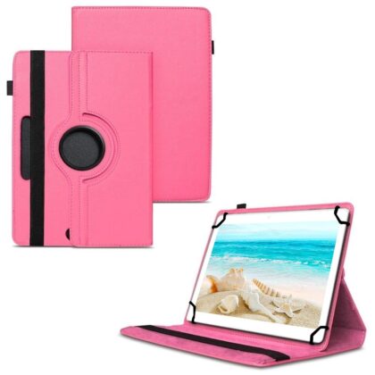 TGK 360 Degree Rotating Universal 3 Camera Hole Leather Stand Case Cover for I Kall N10 10.1 inch Tablet – Hot Pink