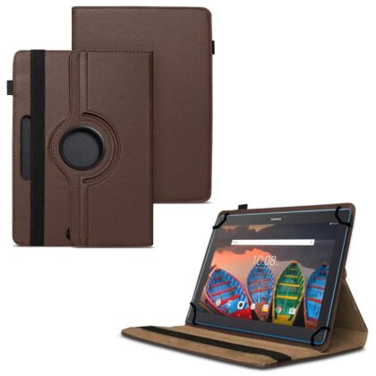 TGK 360 Degree Rotating Universal 3 Camera Hole Leather Stand Case Cover for Lenovo Tab X103F 10 inch – Brown