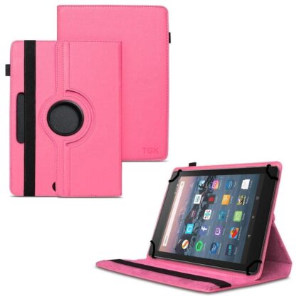 TGK 360 Degree Rotating Universal 3 Camera Hole Leather Stand Case Cover for Fire HD 8 Tablet 8 inch – Hot Pink