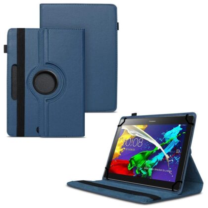 TGK 360 Degree Rotating Universal 3 Camera Hole Leather Stand Case Cover for Lenovo Tab 2 A10-70 10.1″ Tablet – Dark Blue