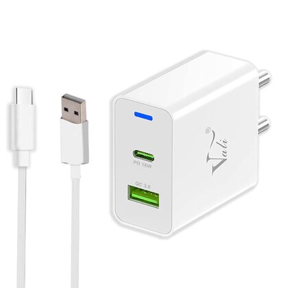 Vali V2209 18W Dual Port USB & Type C PD Fast Charger Adapter with Free Micro USB Cable | PD+QC 3.0 USB Wall Charger for iPad, iPhone 13/12/11Pro/Pro Max/Mini (White)