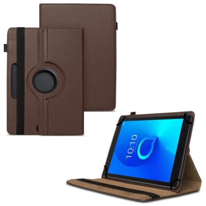 TGK 360 Degree Rotating Universal 3 Camera Hole Leather Stand Case Cover for Alcatel 1T 10 inch Tablet – Brown