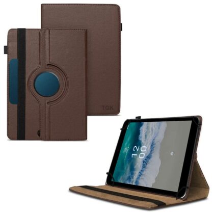 TGK 360 Degree Rotating Universal 3 Camera Hole Leather Stand Case Cover for Nokia T10 8 inch Tablet – Brown