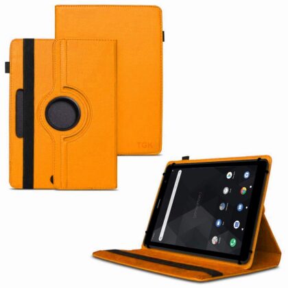 TGK 360 Degree Rotating Universal 3 Camera Hole Leather Stand Case Cover for iBall iTAB BizniZ 10.1 Inch Tablet – Orange