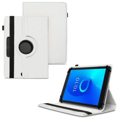 TGK 360 Degree Rotating Universal 3 Camera Hole Leather Stand Case Cover for Alcatel 1T 10 inch Tablet – White