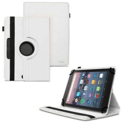 TGK 360 Degree Rotating Universal 3 Camera Hole Leather Stand Case Cover for Fire HD 8 Tablet 8 inch – White