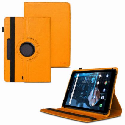 TGK 360 Degree Rotating Universal 3 Camera Hole Leather Stand Case Cover for iBall iTAB BizniZ Mini 8 inch Tablet – Orange