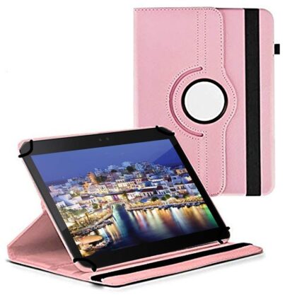 TGK 360 Degree Rotating Universal 3 Camera Hole Leather Stand Case Cover for iBall Q1035 Tablet (10.1 inch) – Light Pink