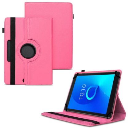 TGK 360 Degree Rotating Universal 3 Camera Hole Leather Stand Case Cover for Alcatel 1T 10 inch Tablet – Hot Pink