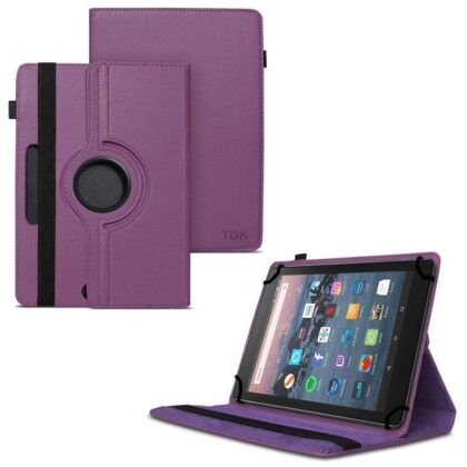 TGK 360 Degree Rotating Universal 3 Camera Hole Leather Stand Case Cover for Fire HD 8 Tablet 8 inch – Purple
