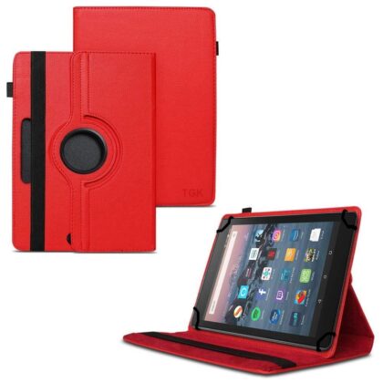 TGK 360 Degree Rotating Universal 3 Camera Hole Leather Stand Case Cover for Fire HD 8 Tablet 8 inch – Red