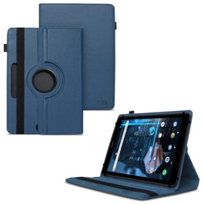 TGK 360 Degree Rotating Universal 3 Camera Hole Leather Stand Case Cover for iBall iTAB BizniZ Mini 8 inch Tablet – Dark Blue