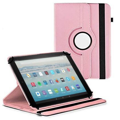 TGK 360 Degree Rotating Universal 3 Camera Hole Leather Stand Case Cover for Fire HD 10 Tablet – Light Pink