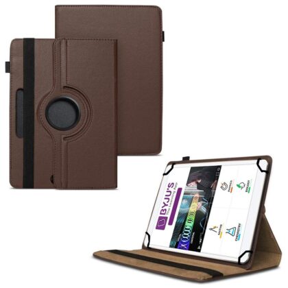 TGK 360 Degree Rotating Universal 3 Camera Hole Leather Stand Case Cover for Byju Learning Tab 10 inch Tablet – Brown