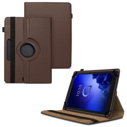 TGK 360 Degree Rotating Universal 3 Camera Hole Leather Stand Case Cover for Alcatel 3T 10 Tablet 10 inch – Brown
