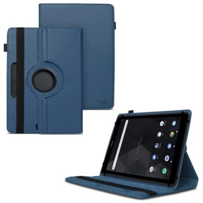 TGK 360 Degree Rotating Universal 3 Camera Hole Leather Stand Case Cover for iBall iTAB BizniZ 10.1 Inch Tablet – Dark Blue