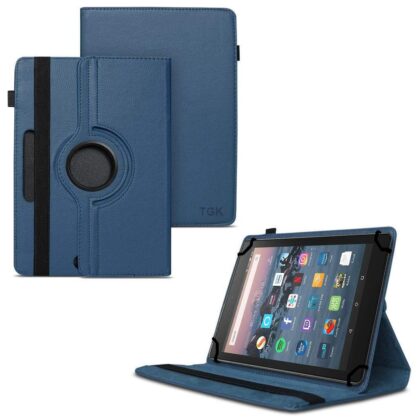 TGK 360 Degree Rotating Universal 3 Camera Hole Leather Stand Case Cover for Fire HD 8 Tablet 8 inch – Dark Blue