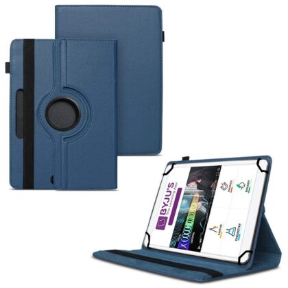 TGK 360 Degree Rotating Universal 3 Camera Hole Leather Stand Case Cover for Byju Learning Tab 10 inch Tablet – Dark Blue