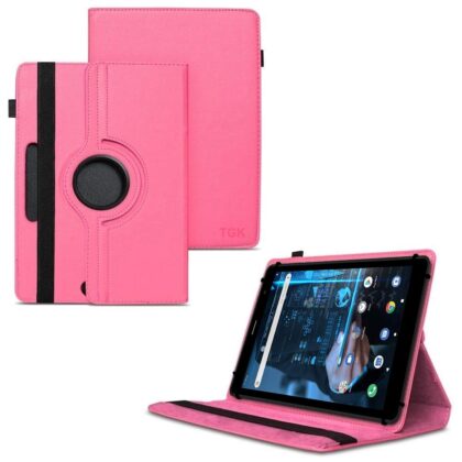 TGK 360 Degree Rotating Universal 3 Camera Hole Leather Stand Case Cover for iBall iTAB BizniZ Mini 8 inch Tablet – Hot Pink