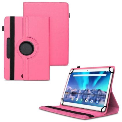 TGK 360 Degree Rotating Universal 3 Camera Hole Leather Stand Case Cover for Lava Magnum-XL 10.1 inch Tablet-Hot Pink