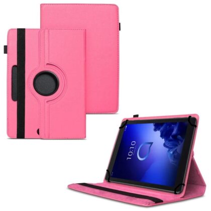 TGK 360 Degree Rotating Universal 3 Camera Hole Leather Stand Case Cover for Alcatel 3T 10 Tablet 10 inch – Hot Pink