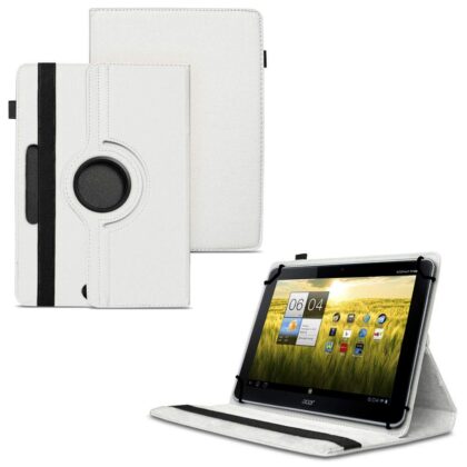 TGK 360 Degree Rotating Universal 3 Camera Hole Leather Stand Case Cover for Acer Iconia Tab A210-10g16u 10.1-Inch Tablet – White