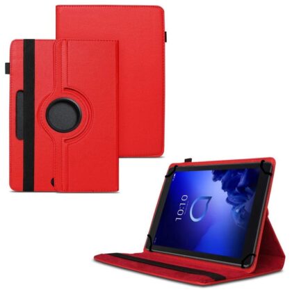 TGK 360 Degree Rotating Universal 3 Camera Hole Leather Stand Case Cover for Alcatel 3T 10 Tablet 10 inch – Red