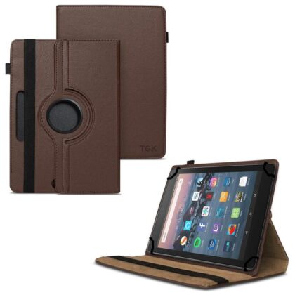 TGK 360 Degree Rotating Universal 3 Camera Hole Leather Stand Case Cover for Fire HD 8 Tablet 8 inch – Brown