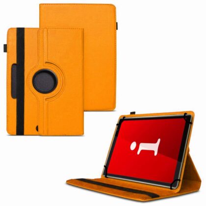 TGK 360 Degree Rotating Universal 3 Camera Hole Leather Stand Case Cover for iBall iTAB MovieZ Pro 10.1 inch Tablet – Orange