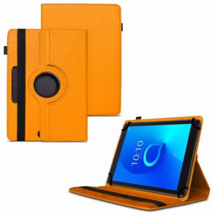 TGK 360 Degree Rotating Universal 3 Camera Hole Leather Stand Case Cover for Alcatel 1T 10 inch Tablet – Orange