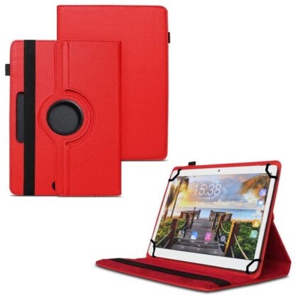 TGK 360 Degree Rotating Universal 3 Camera Hole Leather Stand Case Cover for Fusion5 105D 9.6 inch Tablet – Red