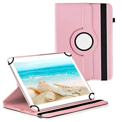 TGK 360 Degree Rotating Universal 3 Camera Hole Leather Stand Case Cover for I Kall N10 10.1 inch Tablet – Light Pink